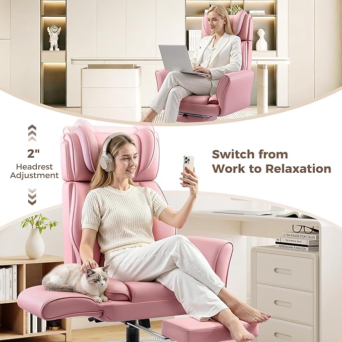 Big and Tall Office Chair, Flip Armrests for Pets & Cross Legged Sitting, Ergonomic Leather Executive Desk Chair with Foot Rest, High-Back Reclining Computer Chairs for Office Home Game - Pink