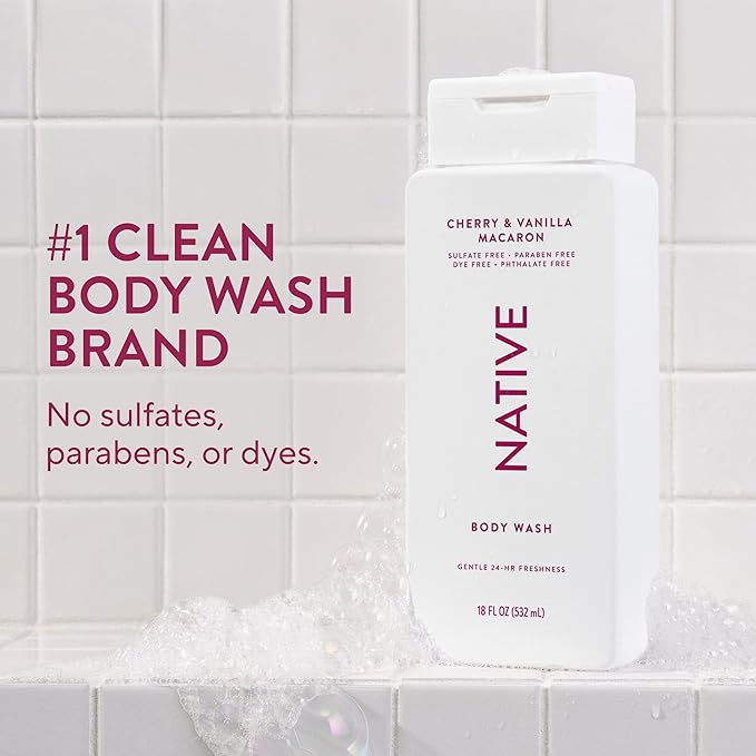 Native Body Wash Contains Naturally Derived Ingredients | For Women & Men, Sulfate, Paraben, & Dye Free Leaving Skin Soft and Hydrated | Cherry & Vanilla Macaron 18 oz