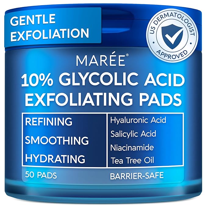 MAREE Glycolic Acid Resurfacing Pads - Toner Pads for Face Cleansing - Exfoliating Pad with Tea Tree Oil, Salicylic Acid & Vitamins E, B3, B5 - Facial Device for Pore Resurfacing & Radiance - 50 Count