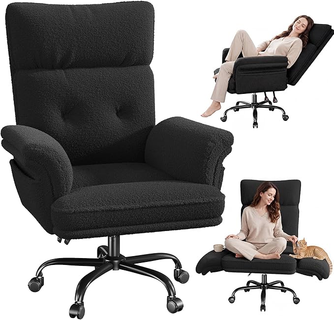 Criss Cross Chair with Wheels and Arms,Teddy Plush Vanity Chair with Side Pockets， Adjustable Home Office Desk Chairs，Computer Chair for Home, Makeup and Office Use,Black