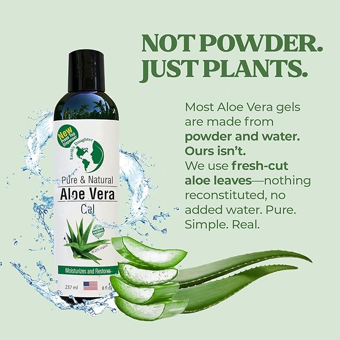 Earth's Daughter Organic Aloe Vera Gel from Fresh Cut 100% Pure Organic Aloe leaves – Fast Absorbing for Face, Skin, Hair & Body – Vegan, Unscented, Natural - 8 Oz USA Made