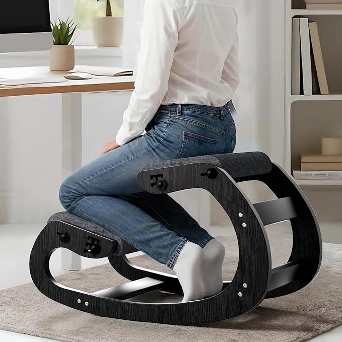 Ergonomic Kneeling Chair with Wooden Frame - Adjustable Height Office Chair with Soft Padding for Back Pain Relief, Posture Correcting Home & Office Desk Chair Black