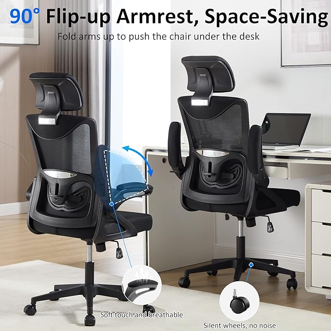 Fizzin Ergonomic Office Chair,Ergonomic Desk Chair with Headrest Mesh Computer Chair with High Back Adjustable Lumbar Support, Rolling Swivel Chairs with Wheel Armrests for Home Office,Black