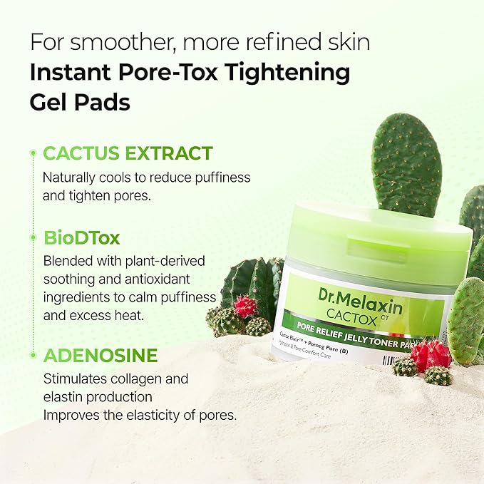Dr. Melaxin Cactox Pore Relief Jelly Toner Pads, Cooling & De-Puffing Toner Pads for Enlarged Pores, Hydrating Cactus Gel Pads for Puffy Skin, 170ml (60 Pads)