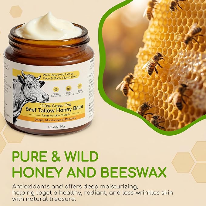 Beef Tallow for Skin & Face, Whipped Tallow and Honey Balm Cream, 100% Grass-Fed Beef Tallow Face Moisturizer with Raw Honey, All Natural Organic Body Lotion Skincare for Women & Men, Unscented 4.2 OZ