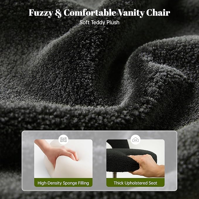 Small Vanity Chair with Silent Wheels Black, Cute Vanity Chair with Back,Ultra-Plush Fleece Cute Desk Chair, Small Office Chair Height Adjustable,for Make-up Room,Bedroom