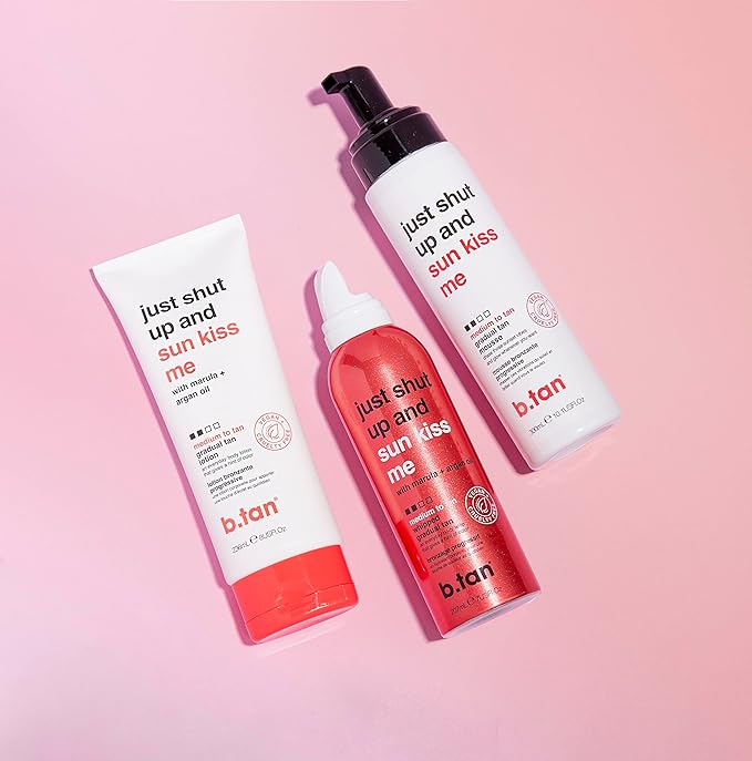 b.tan Medium Gradual Self Tanner Whip | Just Shut Up & Sun Kiss Me - Lightweight, Daily Aerosol Foam to a Build Luscious, Golden Glow, Enriched with Hydrating Marula & Argan Oils, 207ml