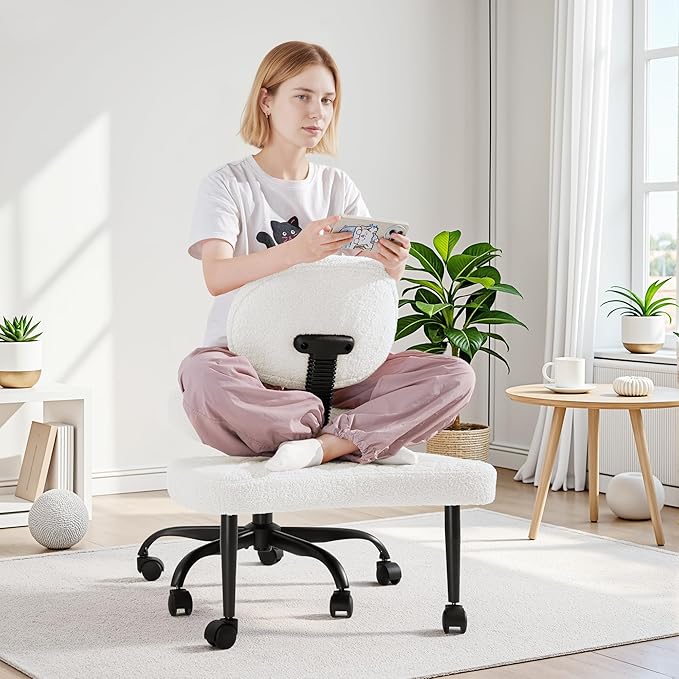 GUNJI Ergonomic Criss Cross Legged Office Chair, 360° Swivel Meditation Kneeling Chair with Wheels, ADHD Chair with Footrest, Lumbar Support, Wider Height Adjustable Seat (White, Teddy Fleece)