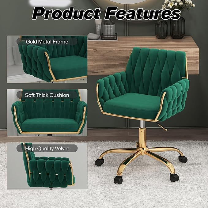 Woven 360°Swivel Desk Chair, Velvet Height Adjustable Home Office Armchair with Golden Base for Teens Women Girls, Upholstery Computer Chair for Home Studios and Office, Woven & Dark Green