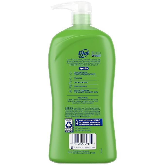 Dial Kids All-in-1 Body Wash + Hair + Bubble Bath, Melon Scent, 32 Fl Oz, Hypoallergenic Body Wash & Shampoo, No Tears Formula for Kids 2+ Years, No Parabens & Silicones (Pack of 2)