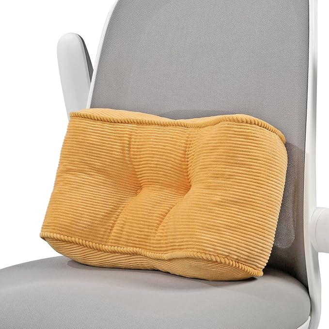 Lumbar Support Pillow for Study Desk Chair, Bite-Size Natural Latex Foam Back Support Pillow for Lower Back Pain Relief, Soft & Support Corduroy Office Chair Cushion, S, Yellow