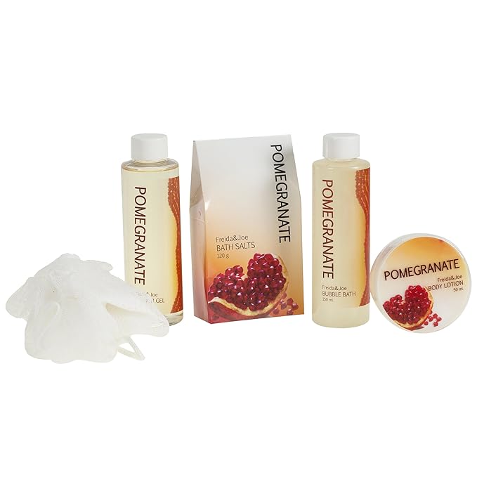 Red Pomegranate Home Spa Bath Basket - Bath & Body Set For Women - Contains Shower Gel, Bubble Bath, Body Lotion, Pomegranate Bath Salt & Pouf in Red Tub Gift – Mother's Day Gift for Mom