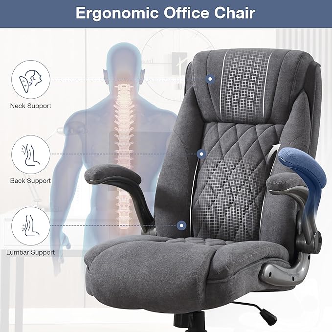 Big and Tall Fabric Office Chair 400lbs High Back Executive Computer Desk Chair with Flip Up Armrest, Breathable Fabric Adjustable Height Ergonomic Home Office Heavy Duty