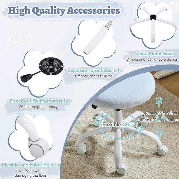 VINGLI Small Vanity Chair with Faux Fur Wheels for Girls,Cute Adjustable Height Armless Office Desk Chair,360°Swivel Comfy Rolling for Study,Make up Room,Small Space,Blue