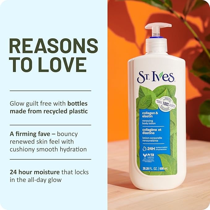 St. Ives Renewing Hand & Body Lotion for Women with Pump, Daily Moisturizer Collagen Elastin for Dry Skin, Made with 100% Natural Moisturizers, 21 fl oz, 4 Pack