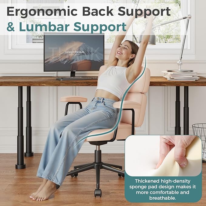 OLIXIS Ergonomic Home Office Desk Chair, Computer Chair with Lumbar Support Adjustable Height Rolling Swivel Executive Task Armrests Chair, Hot Pink