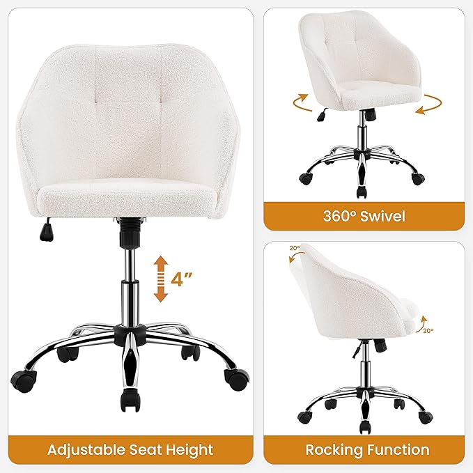 Yaheetech Boucle Desk Vanity Chair with Back Comfy Fluffy Swivel Office Chair with Wheels Adjustable Height Tilt Angle for Bedroom Ivory
