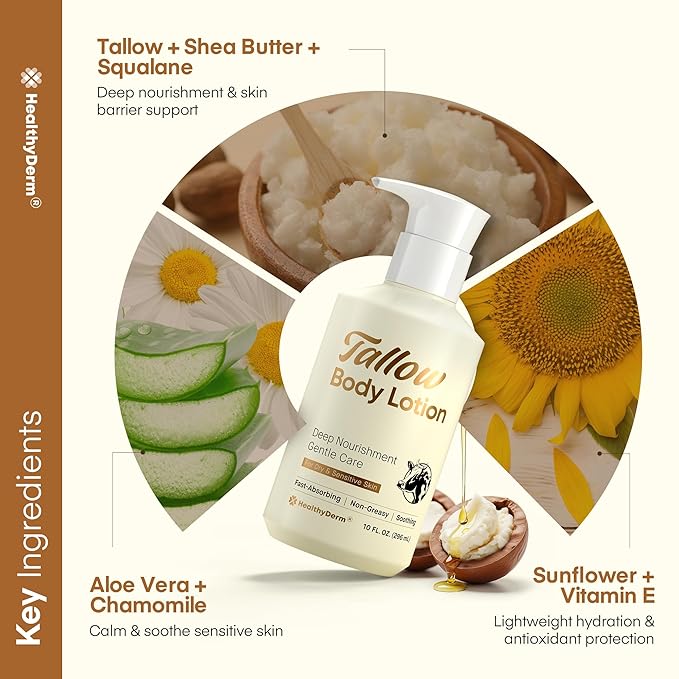 Beef Tallow Body Lotion for Skin: Grass-Fed Daily Moisturizing Cream for Dry, Mature & Crepey Skin, Fast-Absorbing, Non-Greasy, Fragrance-Free Moisturizer with Aloe & Shea Butter, 10 fl oz