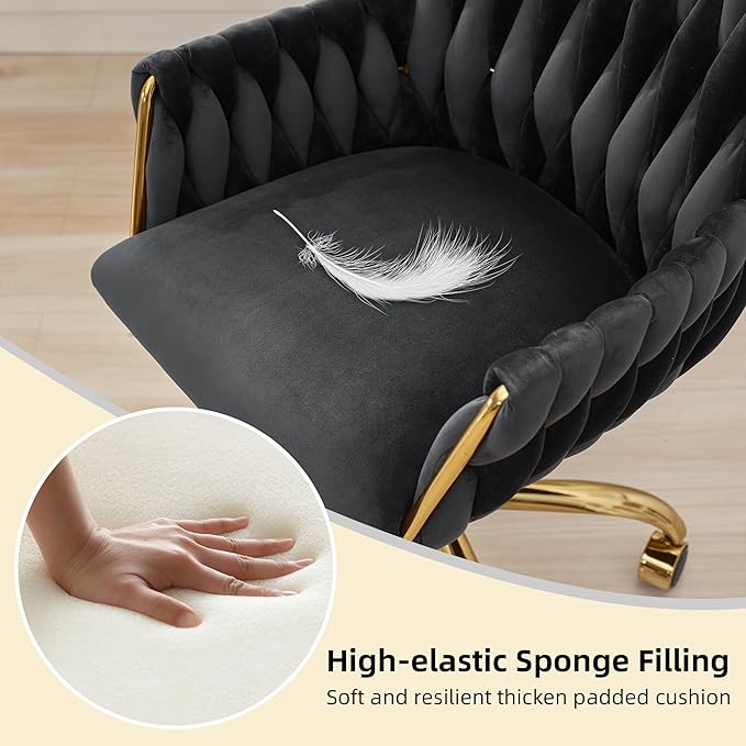 ABET Velvet Desk Chair with Wheels, Cute Upholstered Swivel Office Chair, Modern Gold Rolling Hand Woven Height Adjustable Armchair for Women Girls Home Makeup, Vanity, Nail Salon, Black