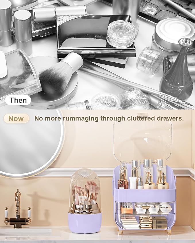 Makeup Brush Holder 360 Rotating, [Upgrade & with Cover] Makeup Brush Organizer for Vanity Countertop Bathroom (Purple)