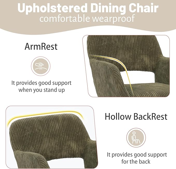KCC Small Modern Dining Room Arm Chairs Set of 2, Mid-Century Upholstered Corduroy Fabric Side Seat Club Guest with Metal Tube Legs for Kitchen, Living Room, Green