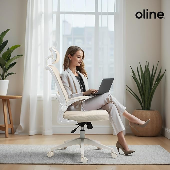 Oline ErgoAir Ergonomic Office Chair – Adjustable Lumbar Support, Flip-Up Armrests, Mesh Computer Desk Chair, Swivel Rolling Executive Gaming Chair for Home & Office (Beige)