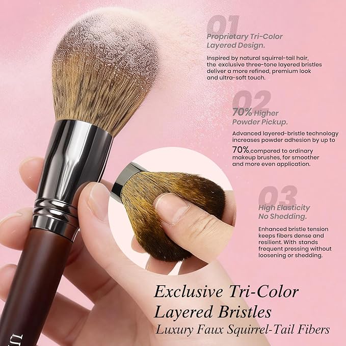 15-Pcs Tri-Color Layered Bristles Makeup Brush Set with Ergonomic Wood Handle- Daily Essential Cosmetic Brushes Kit for Professional Foundation, Concealer, Eyeshadow, Powder Blush