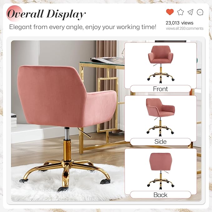 Faux Fur 360°Swivel Desk Chair, Modern Height Adjustable Home Office Armchair with Golden Base for Teens Women Girls, Upholstery Computer Chair for Home Studios, Velvet & Pink