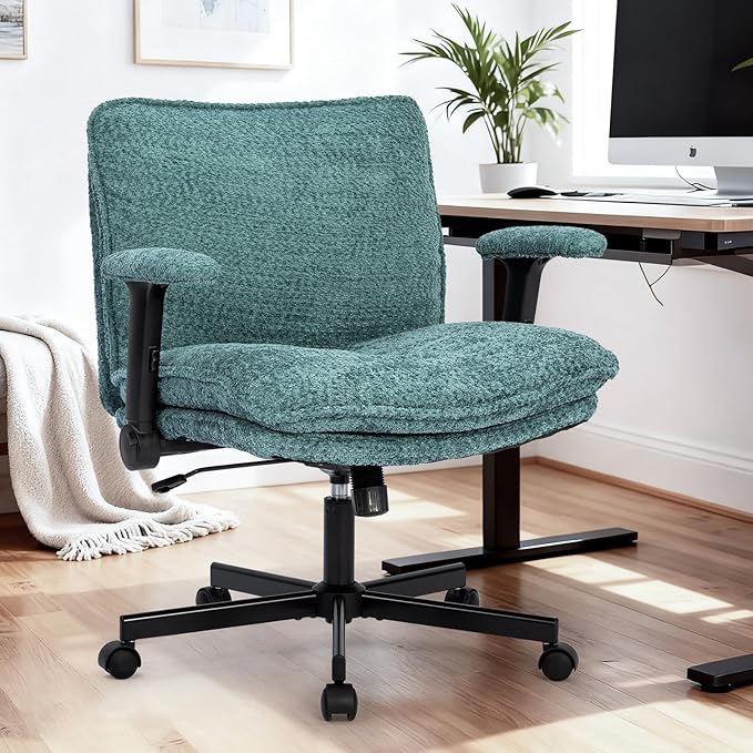 Criss Cross Legged Office Chair with Wheels and Flip-Up Arms, Upholstered Criss Cross Desk Chair, Wide Seat Chairs for Home Office, Vanity, Apartment, Green