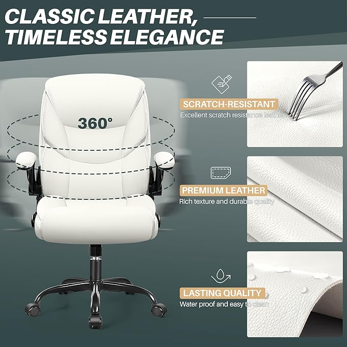 FelixKing Leather Office Chair, Small PU Ergonomic Desk Chair, Comfy Computer Chair with Wheels and Flip-up Armrests, Adjustable Height Mid Back Executive Office Chair for Short People-White