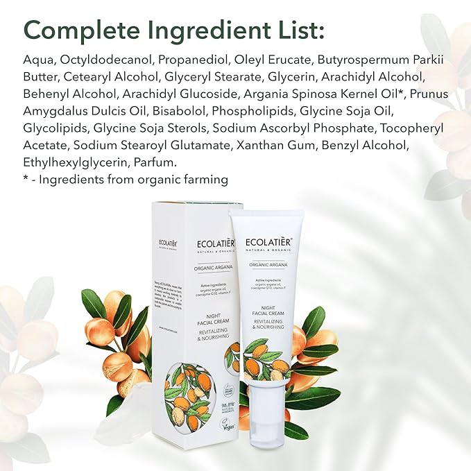 Night Cream with Organic Argan Oil – Revitalizing & Nourishing, Anti-Aging Face Moisturizer with Vitamin C, Vegan, 97.7% Natural Ingredients, 1.7 Fl Oz - ECOLATIER