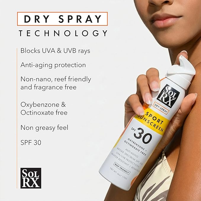SolRX Sport Sunscreen SPF 30 Dry Spray, 6 oz – Broad Spectrum UVA/UVB, Water & Sweat Resistant, Reef Friendly Formula, Fast-Drying Continuous Sunblock Spray for Active Outdoor Protection