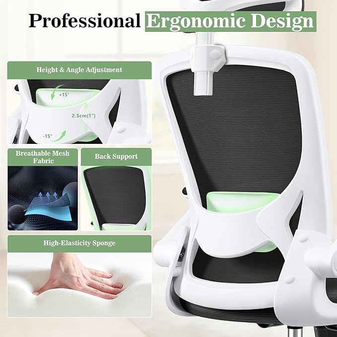 Office Chair Ergonomic Desk Chair, Breathable Mesh Office Chairs with Adjustable Lumbar Support, Flip-Up Arms, Computer Desk Chair Comfy for Home Office, White