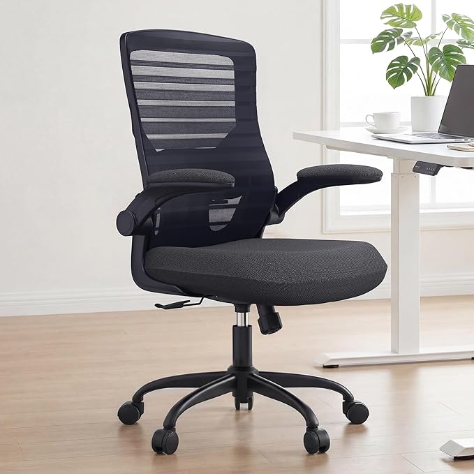 Office Desk Chair for Long Hours & Lower Back Pain Relief – 4“ Thick Molded Foam Cushion, Enhanced Lumbar Support, Padded Flip-up Armrests, Ideal for Office or Study, Black