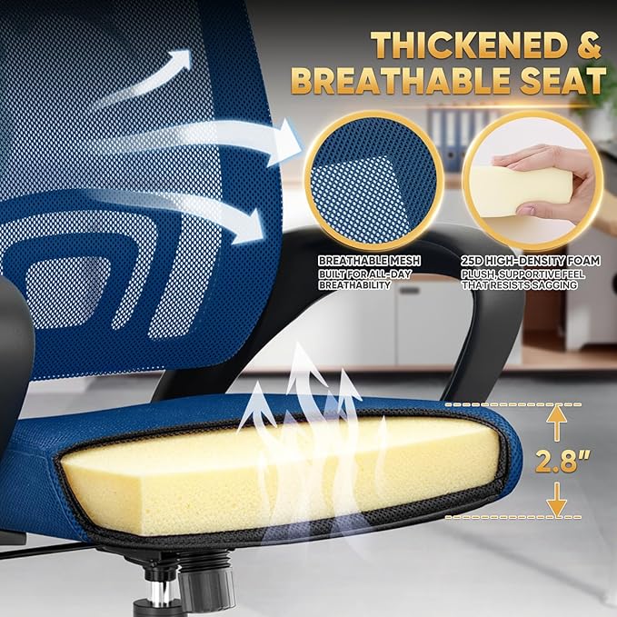 Magshion Ergonomic Office Desk Chair, Mid-Back Mesh Computer Chair, Swivel Chair with Breathable Backrest & Lumbar Support, Adjustable Height for Gaming, Work, Study, 300 Lbs Capacity, Navy Blue