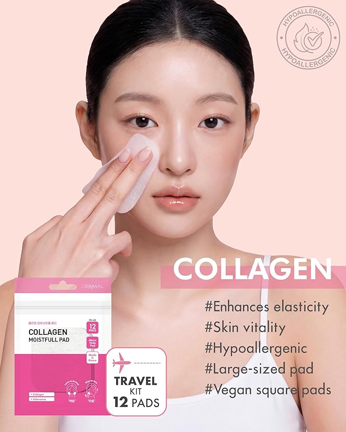 DERMAL Collagen Moistfull Toner Pad - Korean Toner Pad for Elasticity & Wrinkle Improvement with Peptides - Travel Kit 12 Pads, 3 Pack (Total 36 Pads)