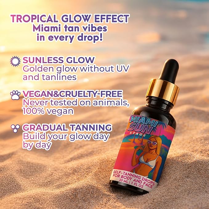 Miami Sun Stage Self Tanning Drops Face & Body - Light to Medium Tan - For Light Pale Skin Type 1-2 - Hydrating Sunless Tanner with Aloe & Cucumber - Vegan Cruelty Free Gradual Bronzer - 1 fl oz