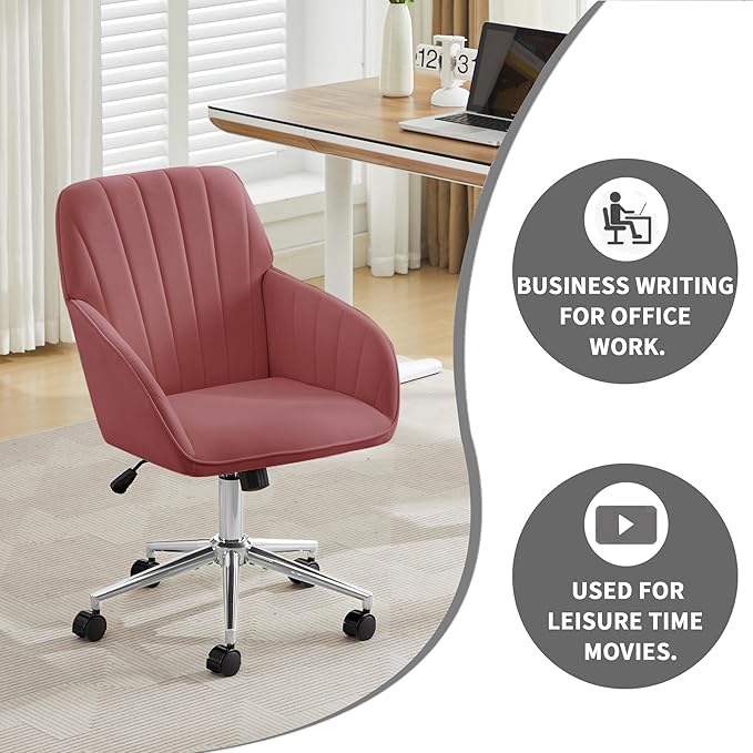 Velvet Home Office Desk Chair, Modern Cute Computer Task Chair with Back, Height Adjustable Upholstered Vanity Chair with Swivel Wheels for Women, Girls (Silver Base, Rose