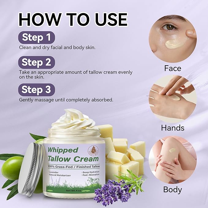 Beef Tallow for Skin, Organic Tallow Face Moisturizer, Whipped Grass Fed Beef Tallow Balm Cream for Skin Care Face Body, Deep Hydrate and Nourish Dry Skin, Lavender - 4 oz