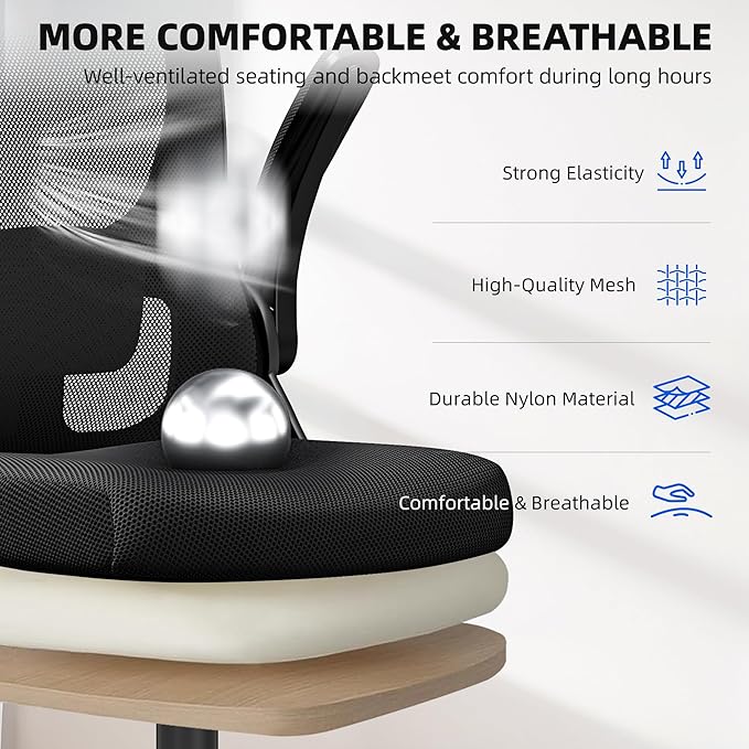 Ergonomic Office Chair, Mesh Desk Chair with Adjustable Headrest & Lumbar Support, Rolling Computer Chair with Flip-up Armrests, Comfy Swivel Home Office Chair for Long Hours (1, Light Black)