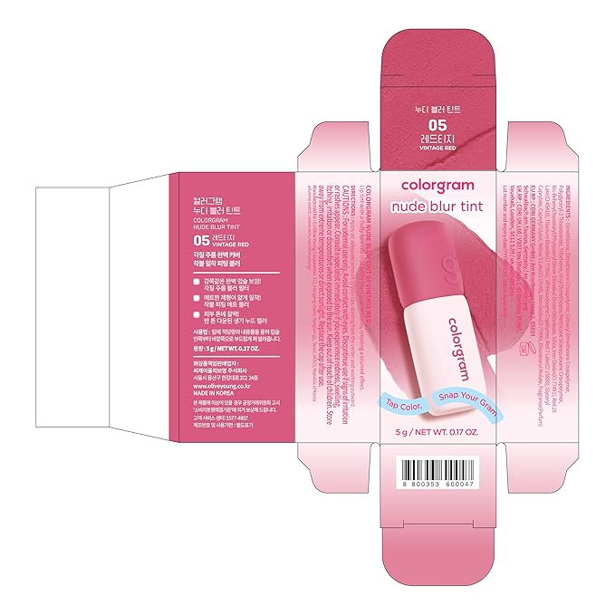 COLORGRAM NUDE BLUR TINT 05 VINTAGE RED | K-Beauty Makeup, Soft-Focus Matte Lip Stain, 2-in-1 Lip & Cheek