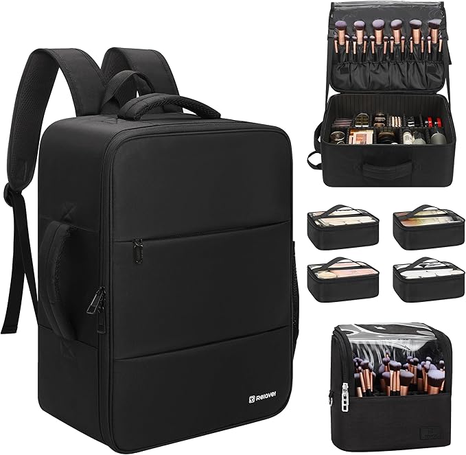 Relavel Makeup Backpack with Makeup Brush Case, Extra Large Travel Train Case Professional Artist Kit Set Bag with 4 Clear Bags, Brush Storage Organizer Box for Cosmetic Hair Tools, Black