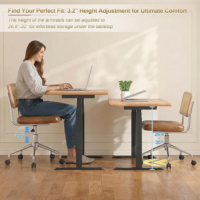Zesthouse Leather Office Desk Chair with Wheels, Mid Century Rolling Desk Chair with Natural Rattan Back, Modern Swivel Home Office Chair, Small Height Adjustable Computer Task Chair, Brown
