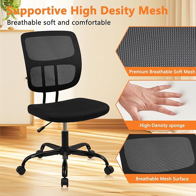 CLATINA Armless Home Office Chair, Small Ergonomic Mesh Back Desk Chair with Lumbar Support and Wheels, Adjustable Height 360° Swivel Rolling Computer Task Chair for Conference Waiting, Black