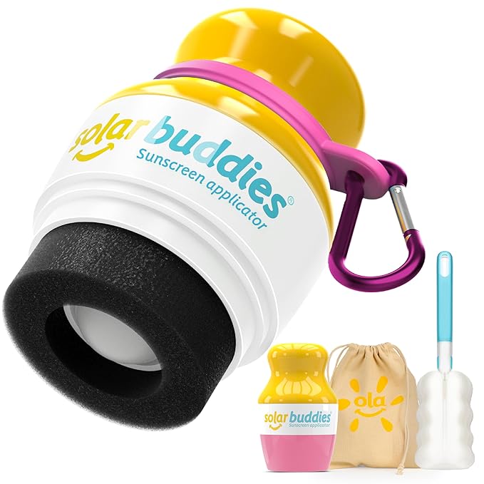 Solar Buddies Grab & Go Travel Bundle, Carabina Clip & Cleaning Brush - Single Pink - Refillable Roll on Sponge Sunscreen, Suncream & Lotion Applicator For Kids, Adults & Families - Holds 100ml