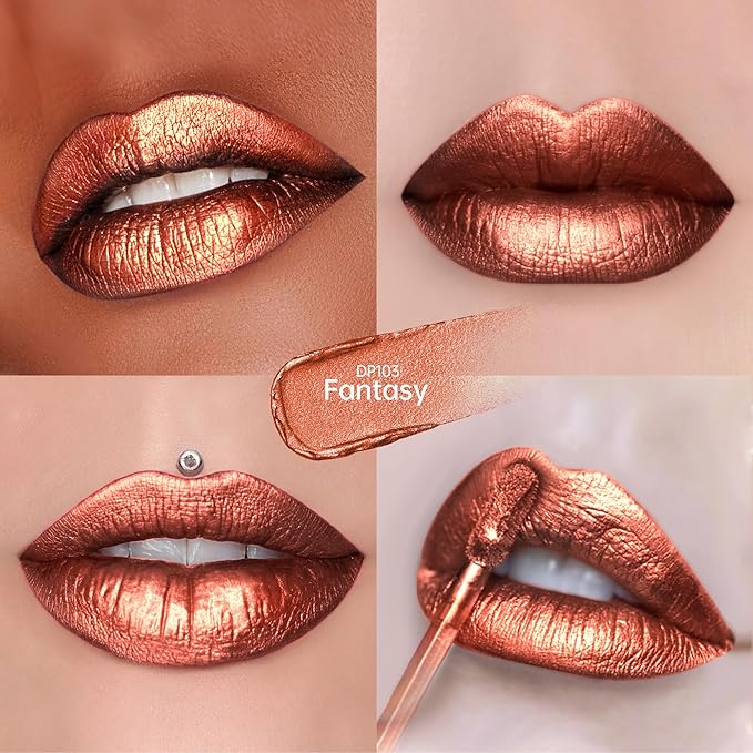 Bronze Lipsticks for Women Metallic Lipstick Long Lasting Non Stick Cup Lip Gloss, Metal Shine Lightweight Hydrating Full Coverage Lip Color, DP103 Fantasy