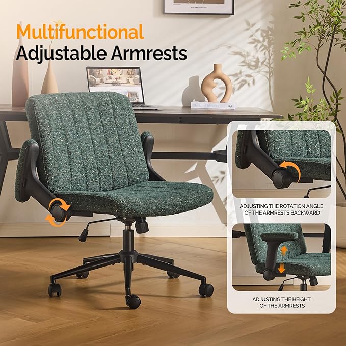 VINGLI Criss Cross Chair with Adjustable Flip-Up Arms,Cross Legged Chair with Wheels,Extra Wide Office Chair,Desk Chair for Home,Office,Vanity,Bedroom,Apartment,Starry Chenille,Dark Green