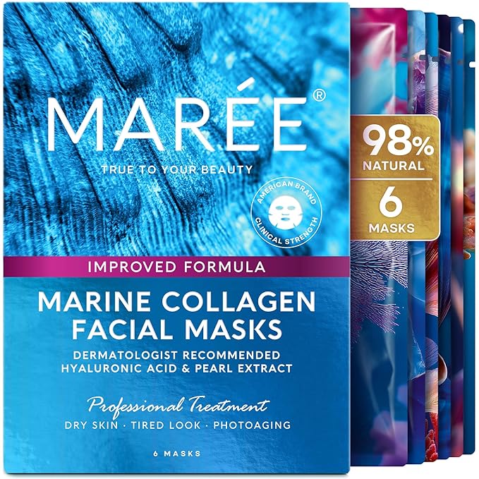 MAREE Collagen Facial Mask with Hyaluronic Acid — Sheet Face Mask Skincare — Centella Asiatica, Green & Red Algae Extract — Hydrating Facemask For Women Skin Care — Mascarillas Para La Cara — 6 Count