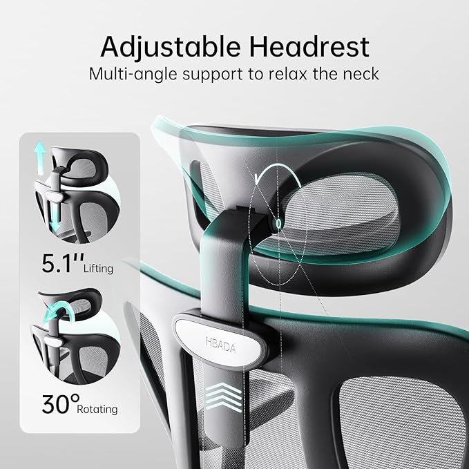 Hbada P3 Ergonnomic Office Chair with 2D Adjustable Lumbar Support, Office Chair with Adjustable Headrest and Armrest, 145° Stepless Tilt Function, Grey(No Footrest)