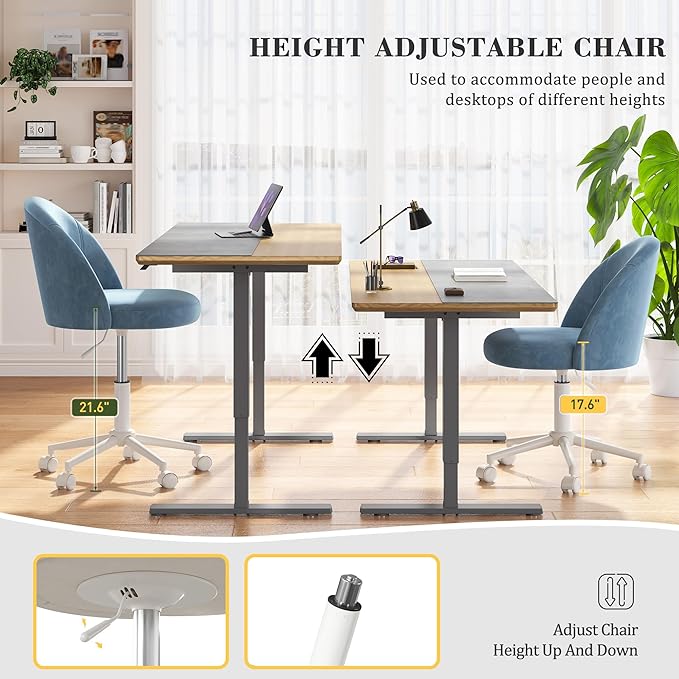 EnHomee Vanity Chair with Wheels, Cute Desk Chair with Back,Comfortable Office Chair with Adjustable Rolling Swivel for Makeup Room Bedroom, Home Office, Armless,Fog Blue